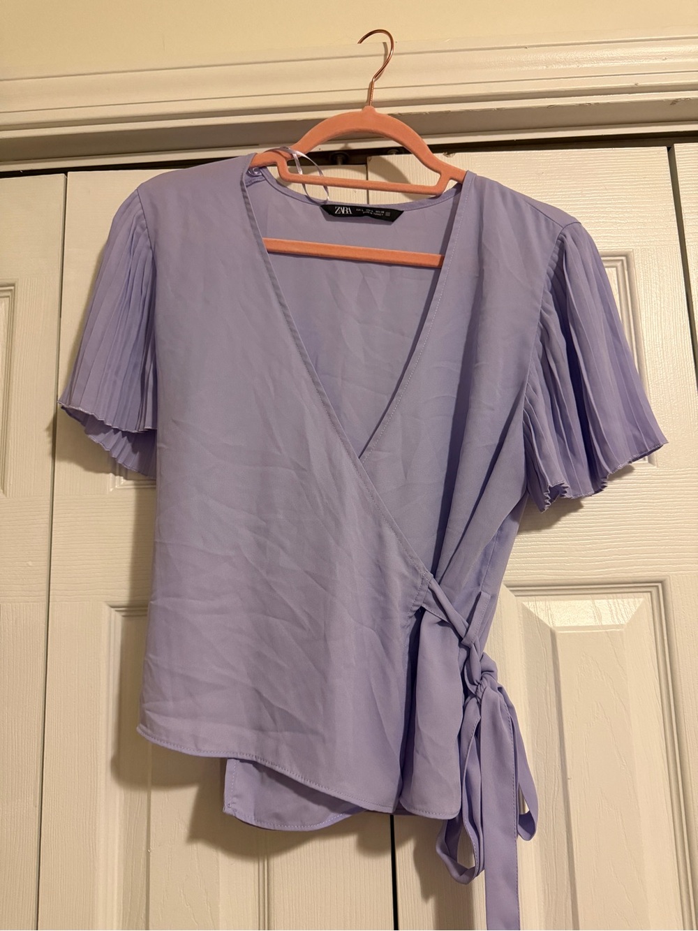 Zara Lilac Wrap Blouse with Pleated Short Sleeves